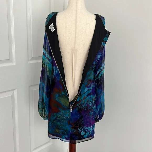 Cache 100% silk cocktail sheath mini dress Sz 4 blue, black, green - Picture 8 of 11